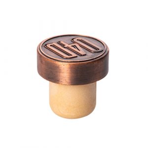 Zamak bottle stopper in copper colour and drinks brand logo Antique copper effect zamak bottle stopper with precision-cast logo